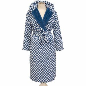 Minky Couture Plush Hooded Robe Blue White Checkered Cozy Soft Size Small EUC
